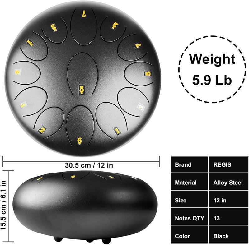 Regis Steel Tongue Drum 12 Inch 13 Notes C Major – Handpan Drum Percussion Instrument for Adults, Beginner Friendly Music Gift with Mallets, Music Book & Carry Bag (Black) - Image 2